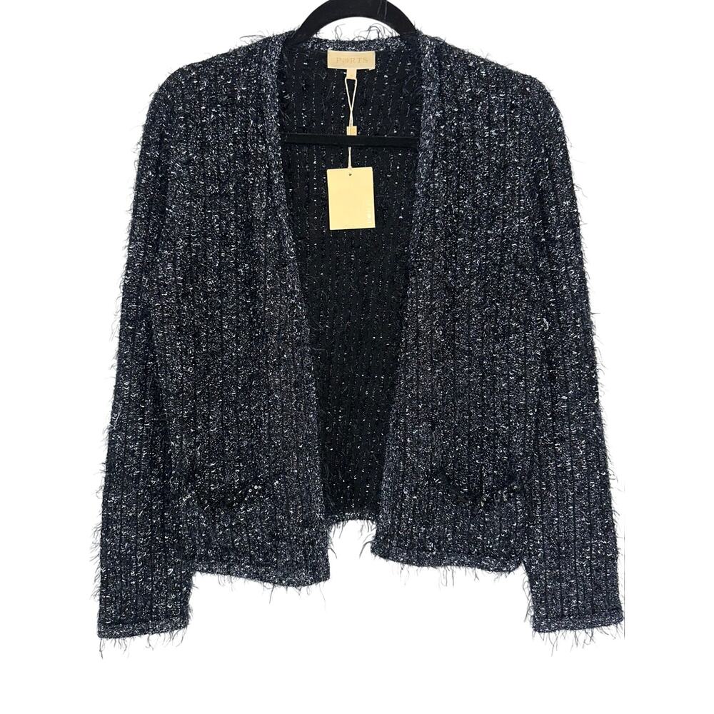 NWT Ports 1961 Black Sparkle Wool Embellished Open Eyelash Knit Cardigan Jacket